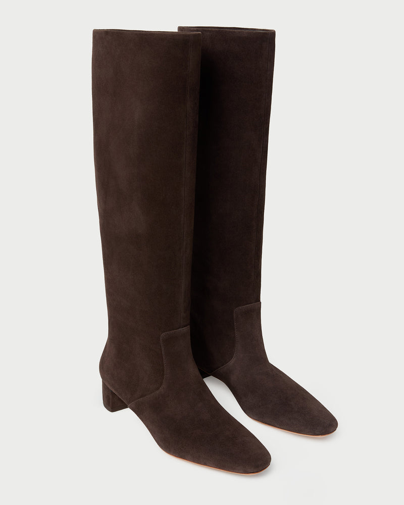 Indy Dark Brown Suede Tall Boot in dark brown suede.