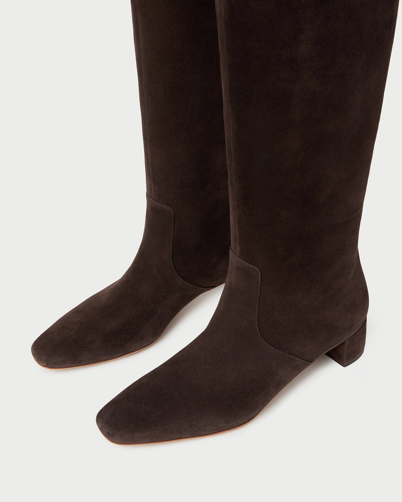Indy Dark Brown Suede Tall Boot in dark brown suede.