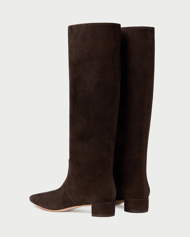 Indy Dark Brown Suede Tall Boot in dark brown suede.