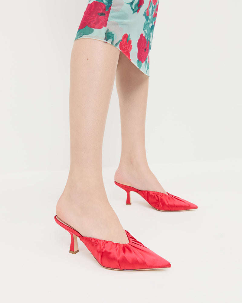 Inez Red Satin Mid-Heel Mule in red satin and Samara Dress in mint floral mesh fabric.