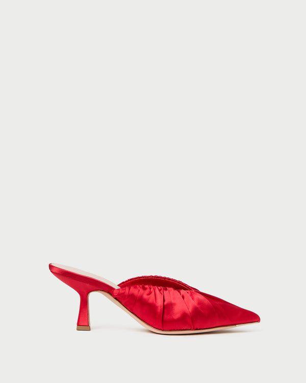 Inez Red Satin Mid-Heel Mule in red satin.