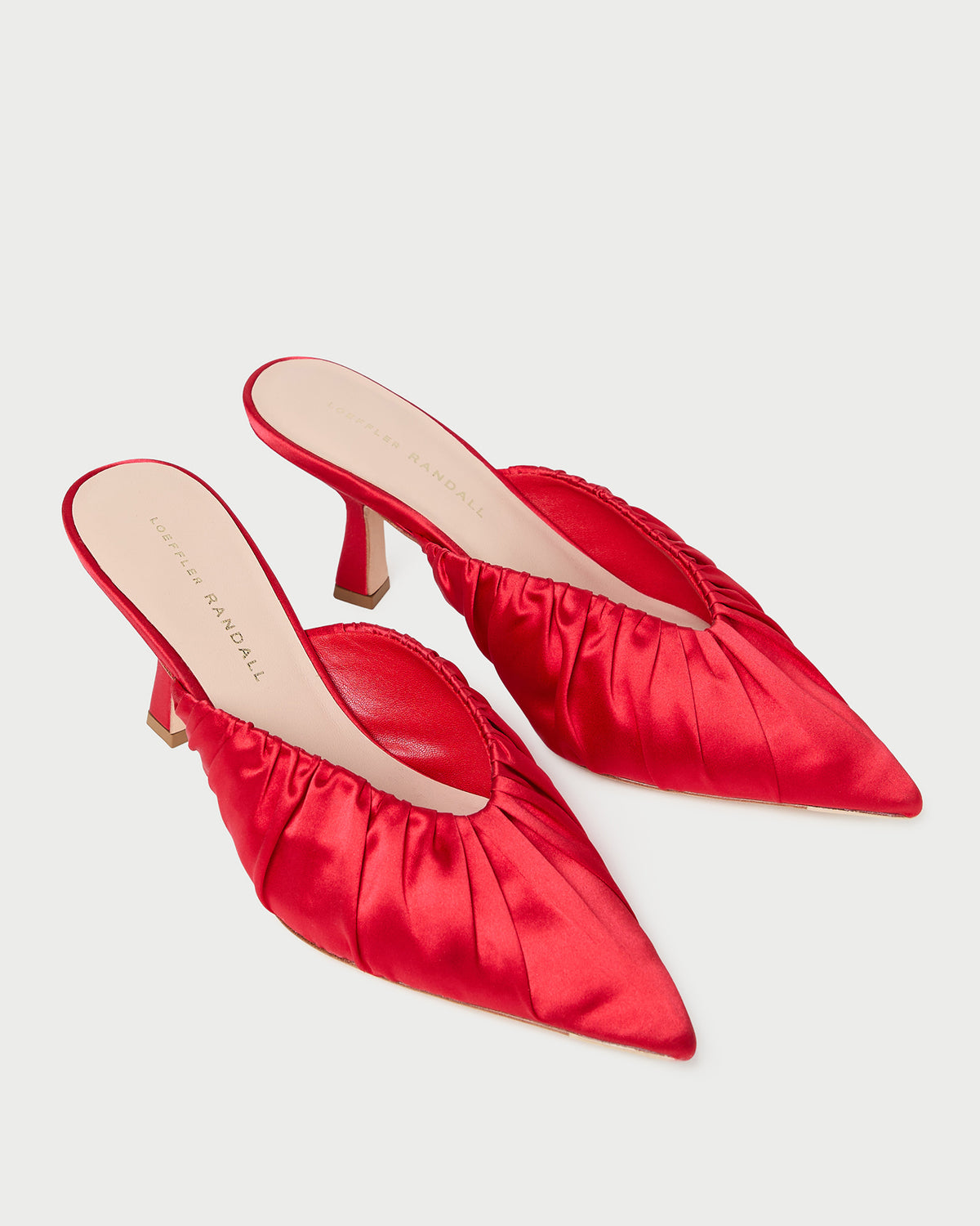 Inez Red Satin Mid-Heel Mule in red satin.