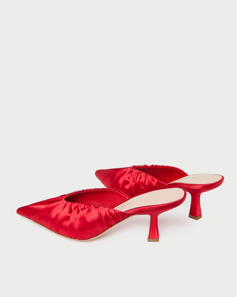 Inez Red Satin Mid-Heel Mule in red satin.