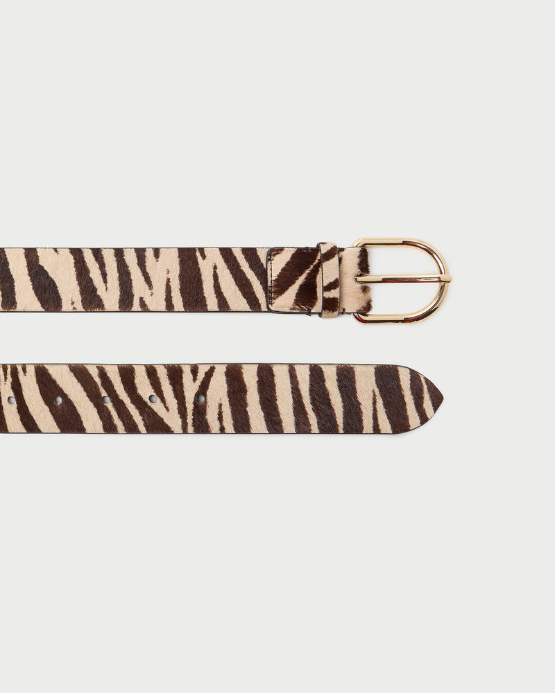 Isaac Cream Zebra Belt in cream zebra print hair calf.
