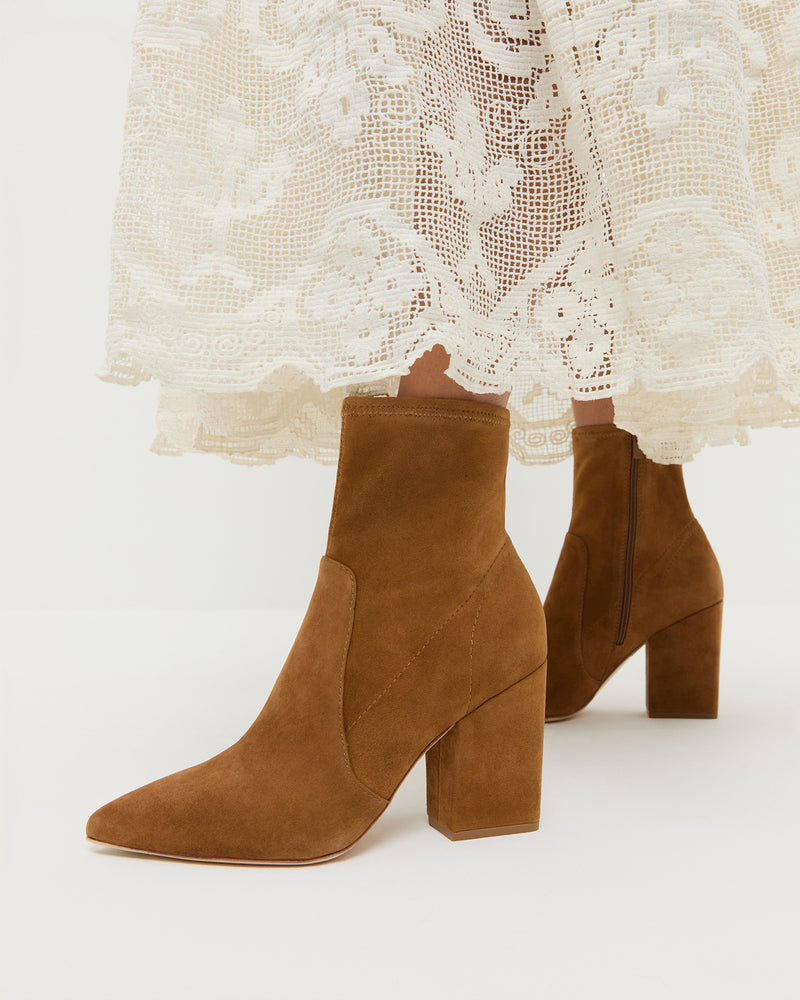 Isla Cacao Suede Ankle Bootie in cacao brown suede.