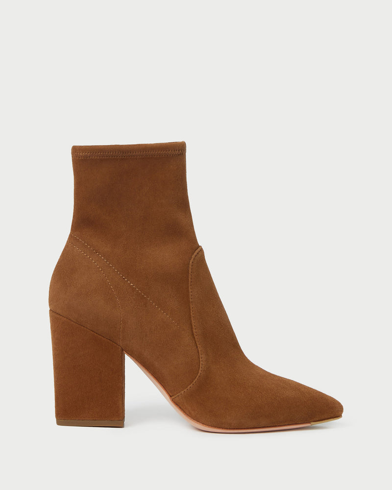 Isla Cacao Suede Ankle Bootie in cacao brown suede.