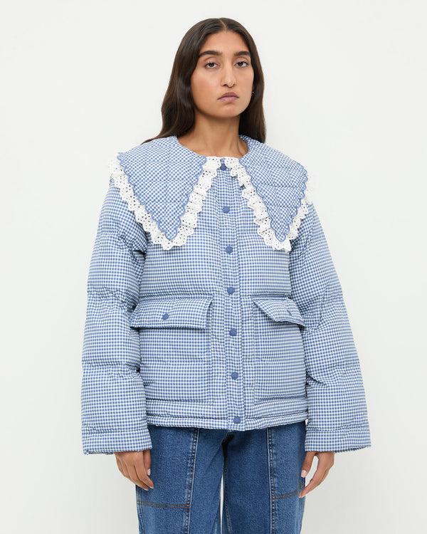 Jacob Puffer Jacket in blue and cream gingham nylon.