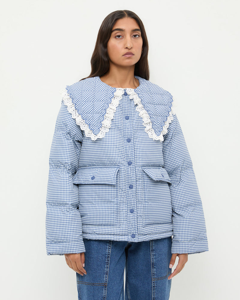 Jacob Puffer Jacket in blue and cream gingham nylon.
