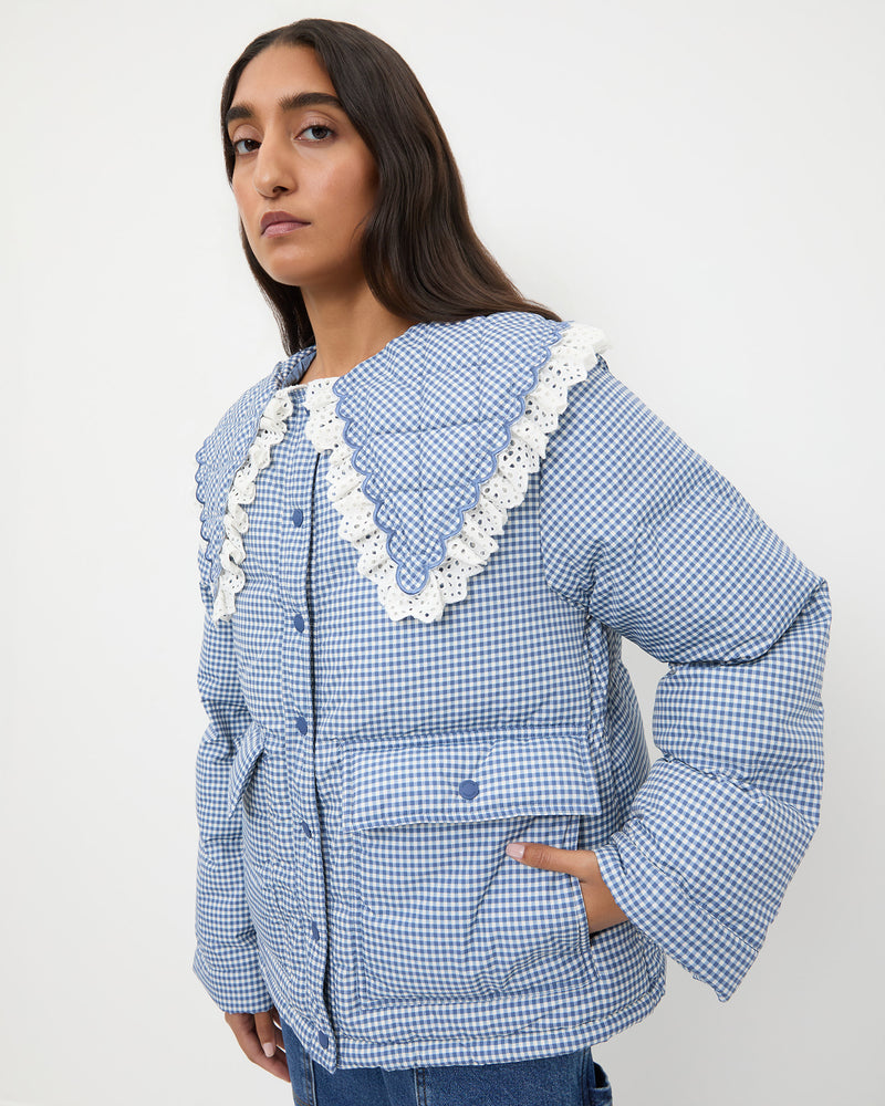 Jacob Puffer Jacket in blue and cream gingham nylon.