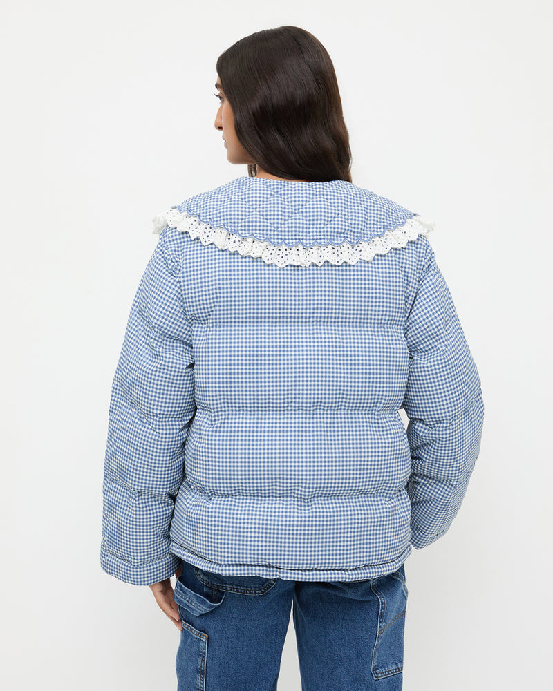 Jacob Puffer Jacket in blue and cream gingham nylon.