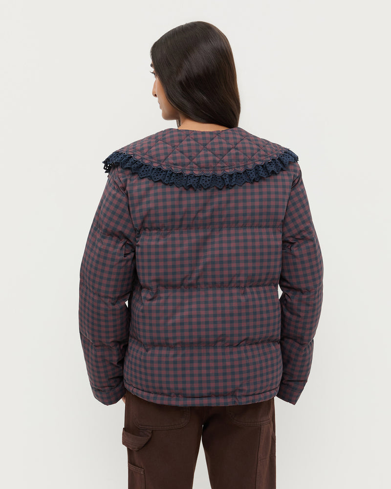 Jacob Puffer Jacket in brown and navy gingham nylon.