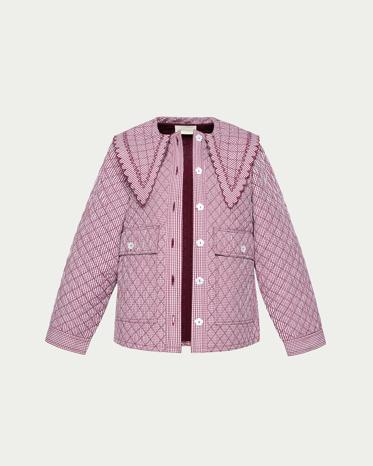James Quilted Jacket in maroon gingham quilted cotton.