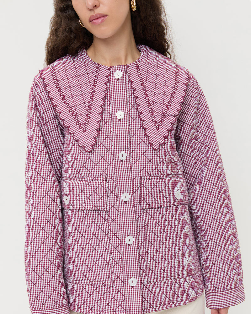 James Quilted Jacket in maroon gingham quilted cotton.