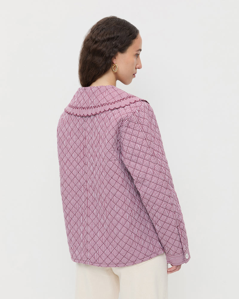 James Quilted Jacket in maroon gingham quilted cotton and Winona Denim Barrel Pant in natural.