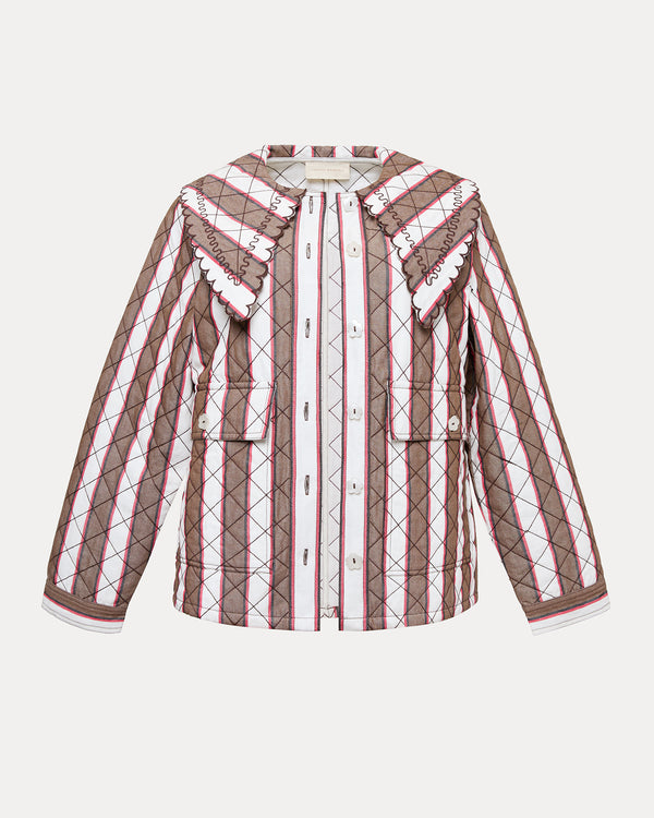 James Quilted Jacket in brown, cream, and red striped heavy quilted cotton-linen fabric.