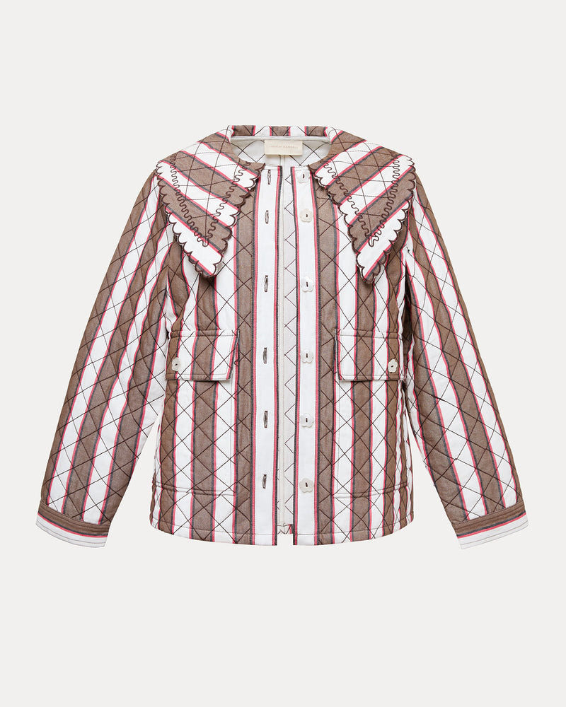 James Quilted Jacket in brown, cream, and red striped heavy quilted cotton-linen fabric.