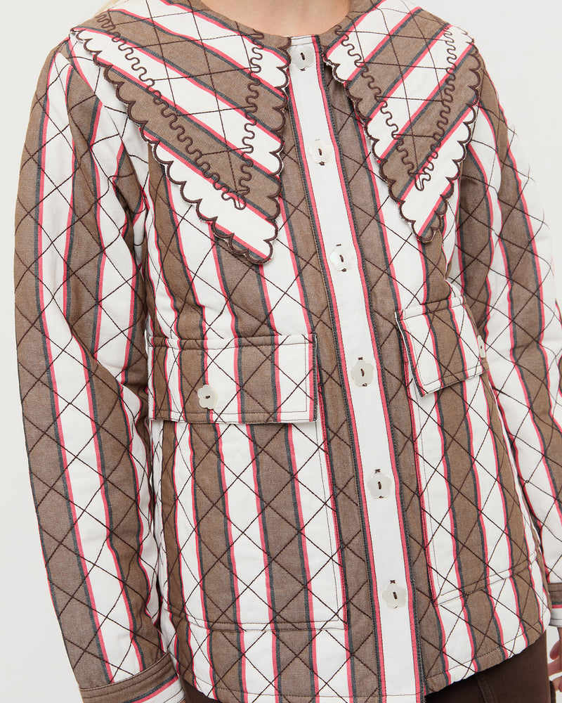 James Quilted Jacket in brown, cream, and red striped heavy quilted cotton-linen fabric, and Molly Workwear Jean in brown denim.