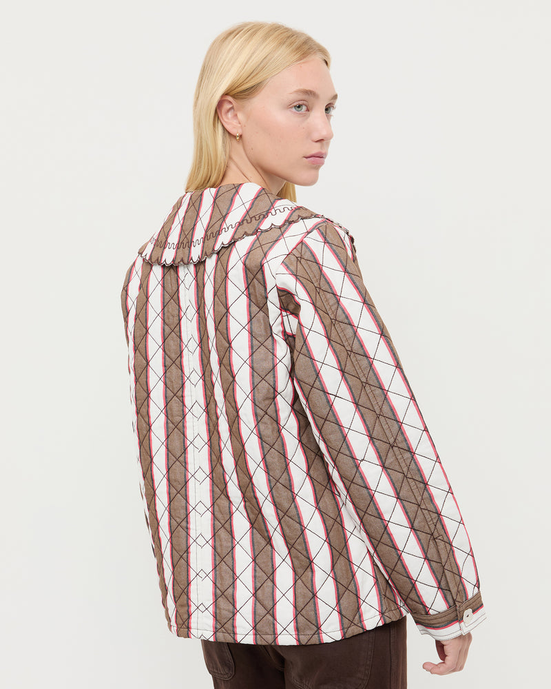 James Quilted Jacket in brown, cream, and red striped heavy quilted cotton-linen fabric, and Molly Workwear Jean in brown denim.