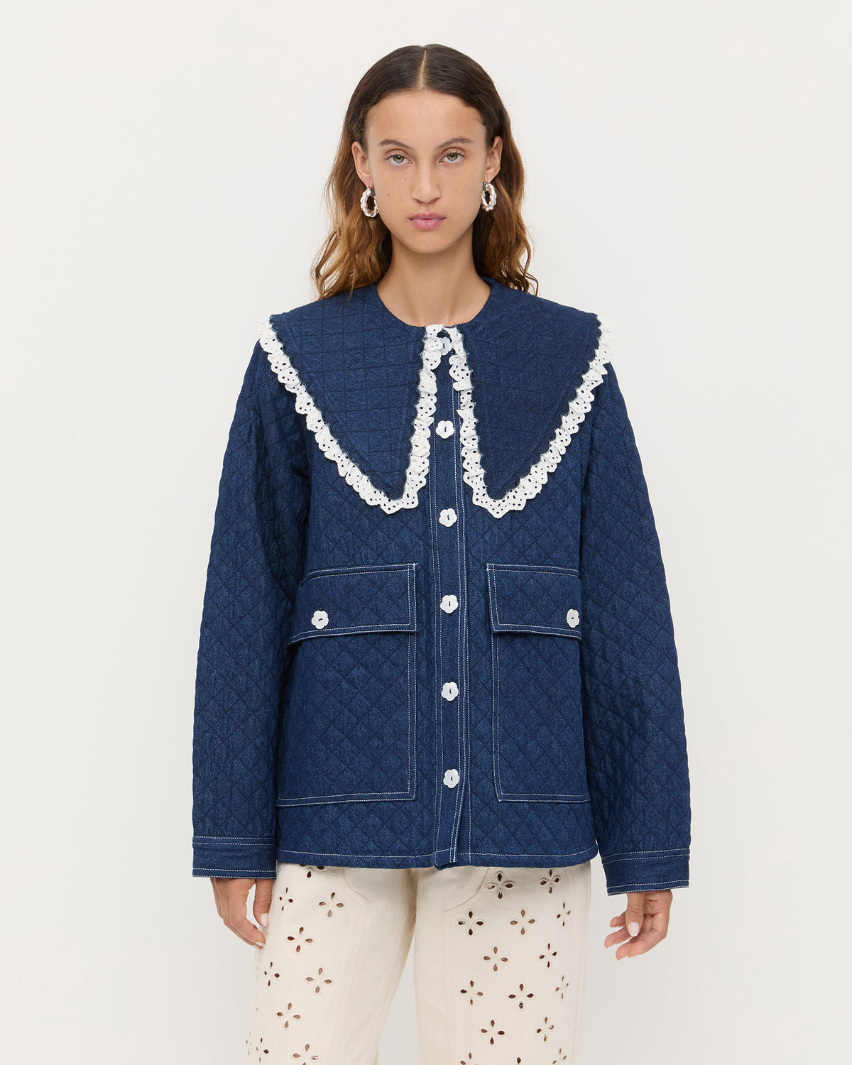 James Quilted Jacket in blue denim and Demi Embroidered Pant in natural denim.