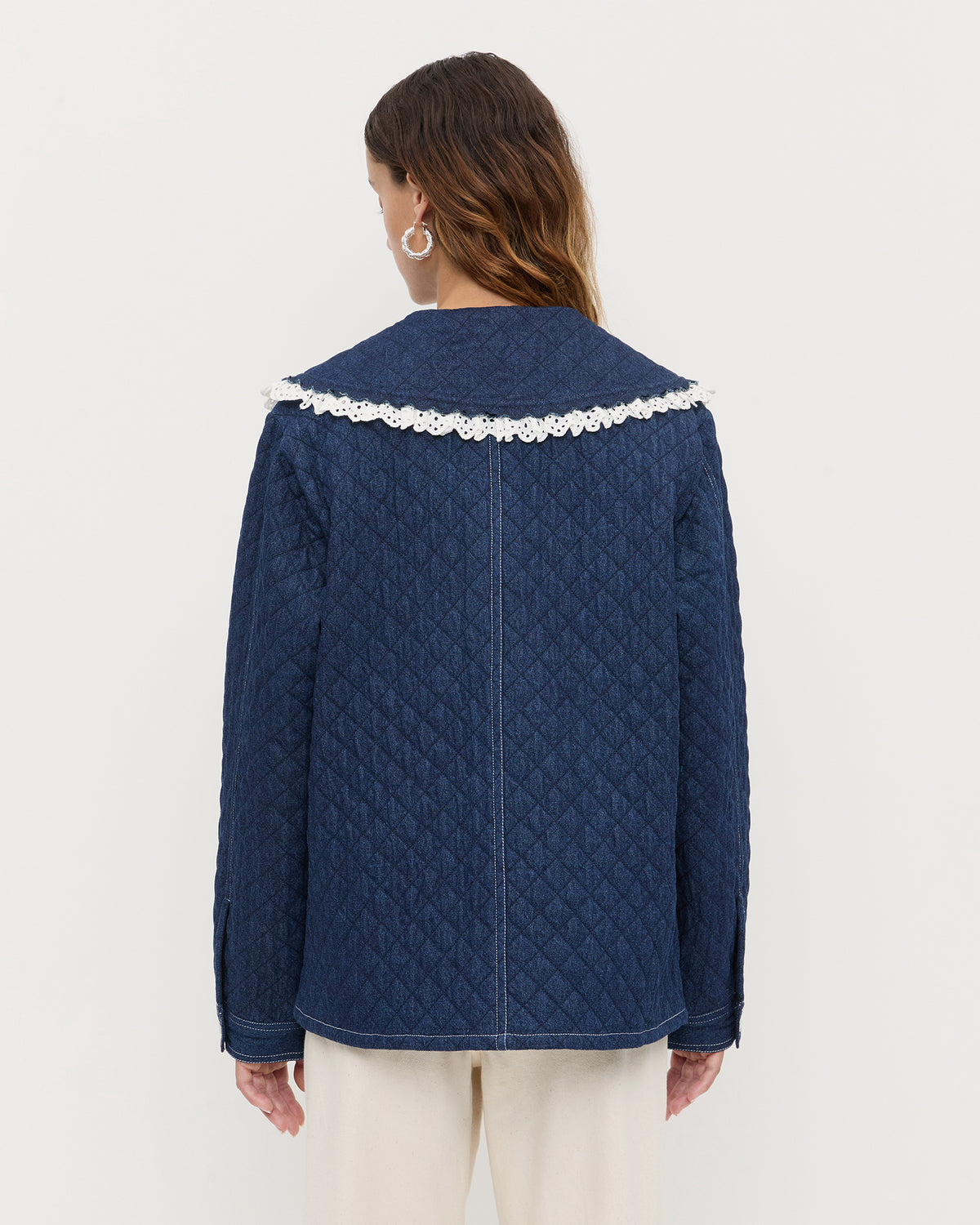 James Quilted Jacket in blue denim and Demi Embroidered Pant in natural denim.
