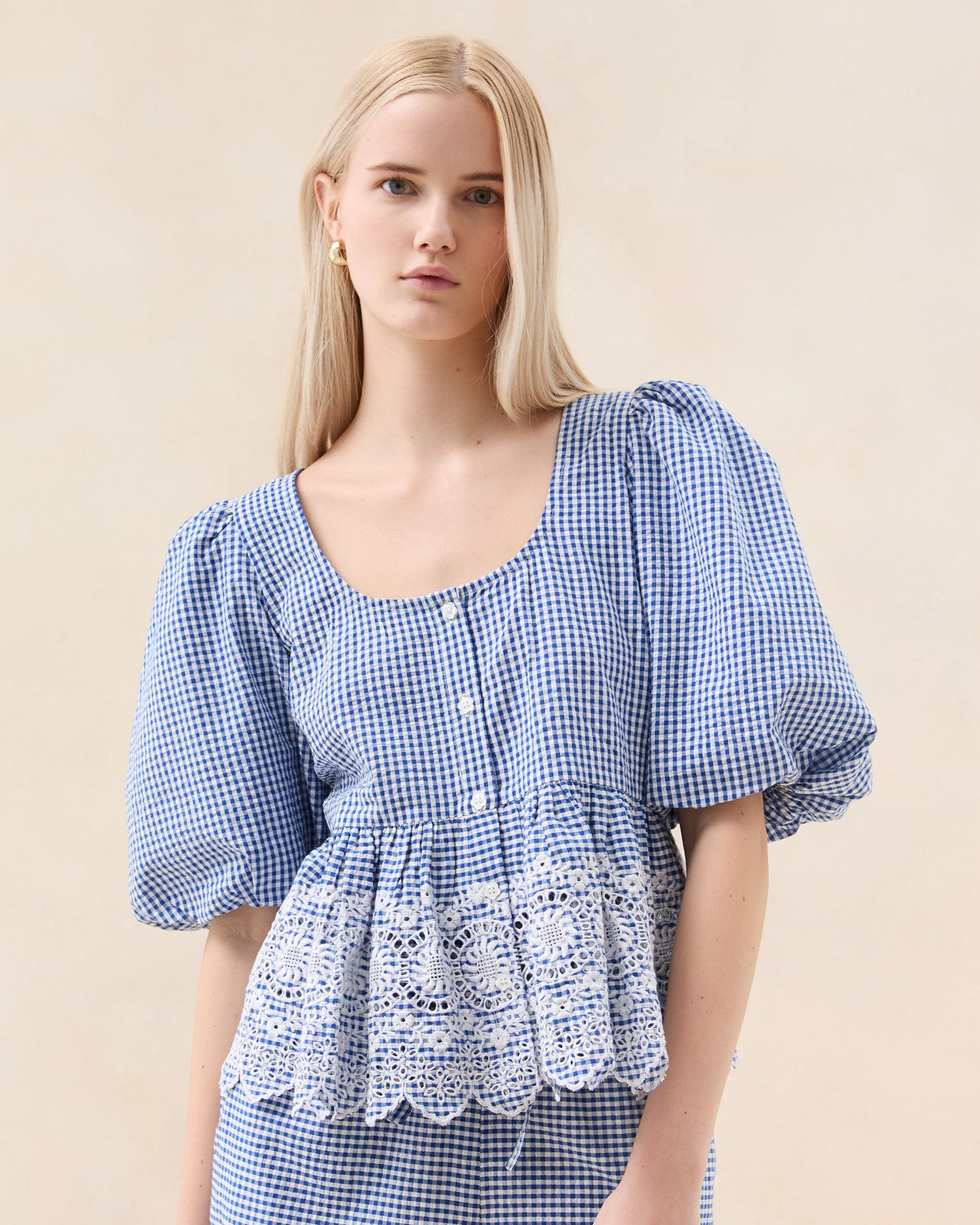 Jodie Blue Gingham Embroidered Top I Tops I Apparel