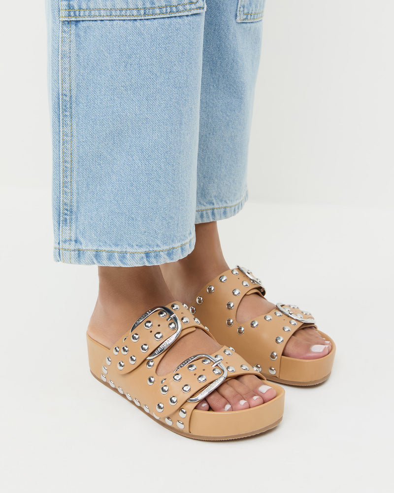 Joni Khaki Two Band Studded Sandal in khaki tan leather and Molly Workwear Jean in light blue denim.