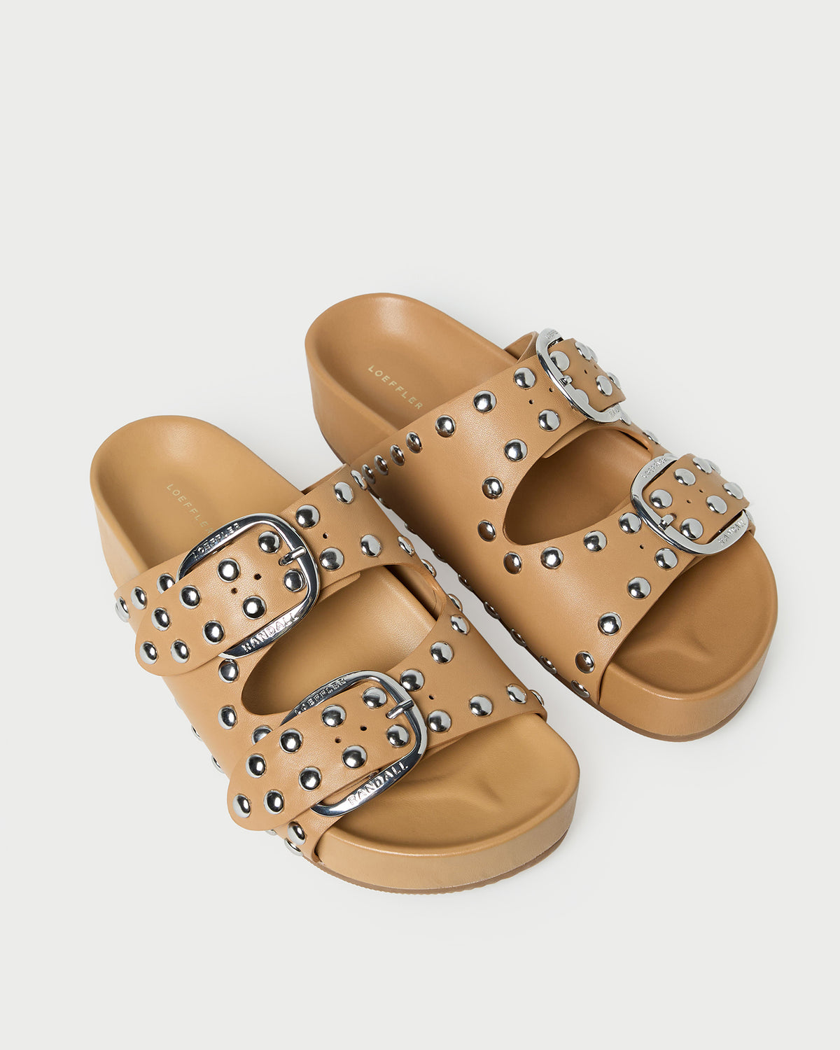 Joni Khaki Two Band Studded Sandal in khaki tan leather.