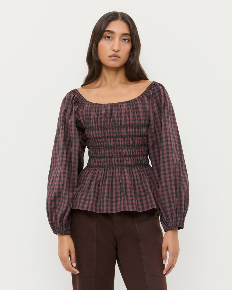 Julietta Gathered Top in brown and navy gingham cotton.
