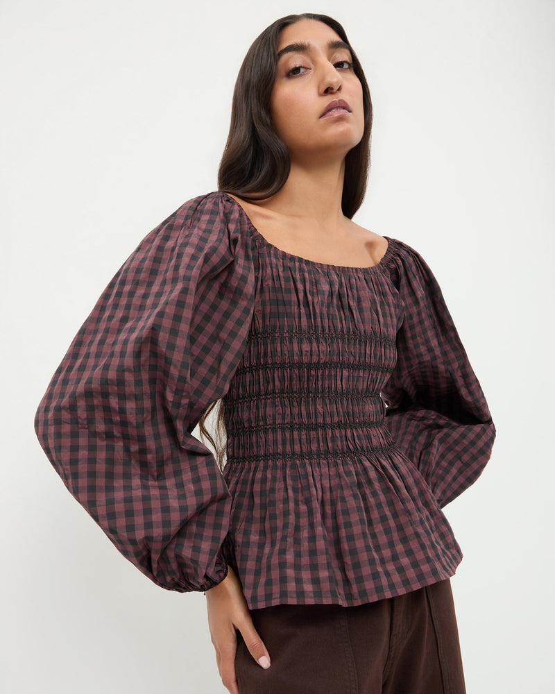 Julietta Gathered Top in brown and navy gingham cotton.
