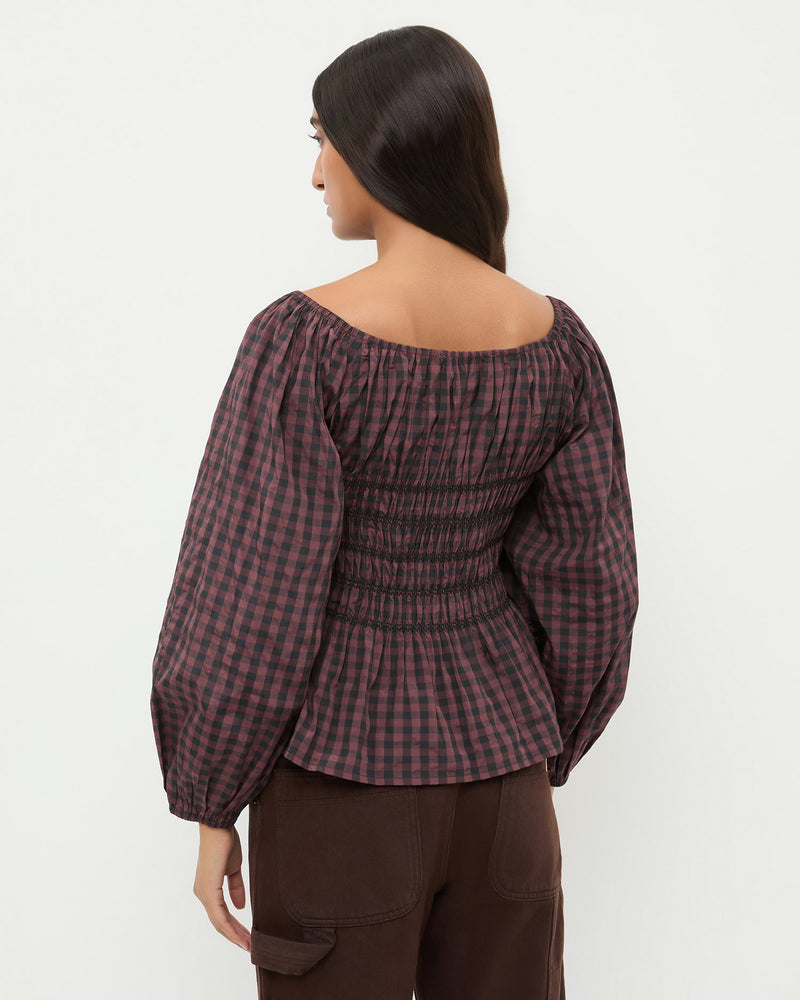 Julietta Gathered Top in brown and navy gingham cotton.