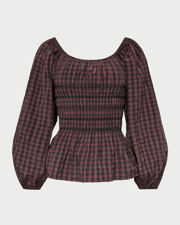 Julietta Gathered Top in brown and navy gingham cotton.