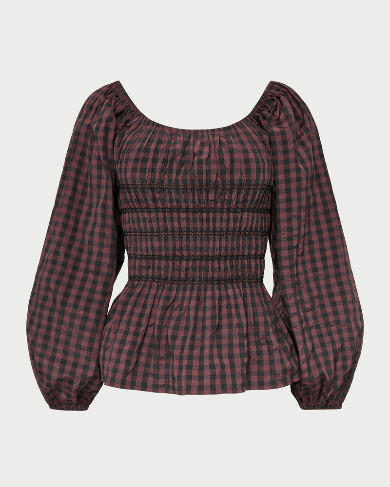 Julietta Gathered Top in brown and navy gingham cotton.