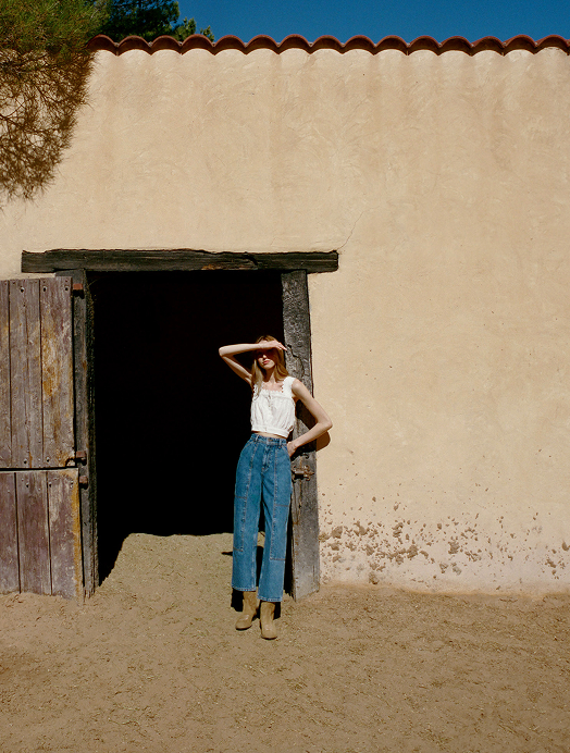 Runa Top in white cotton, Molly Workwear Jean in medium washed denim, and Jett Sand Suede Calf Boot - Loeffler Randall