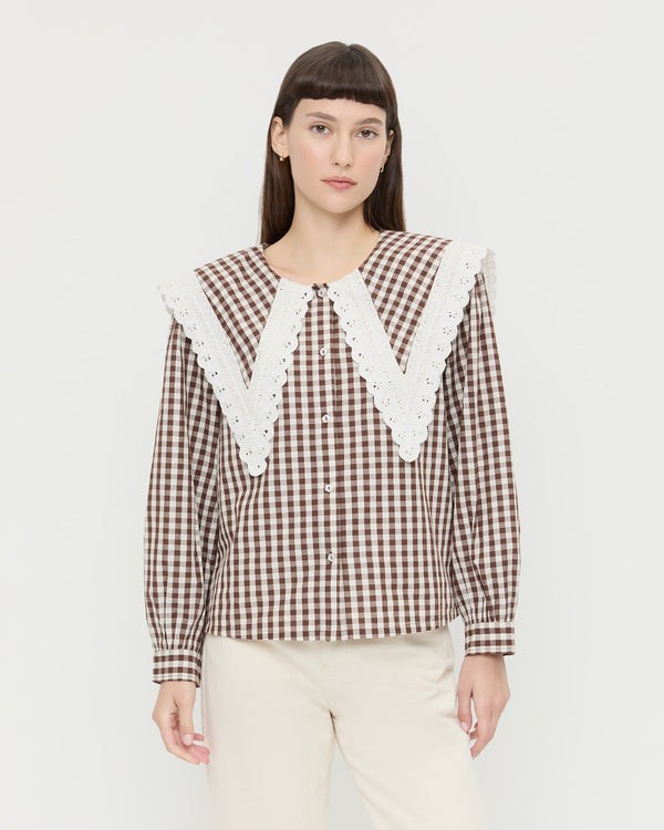 Ken Shirt in brown and cream gingham cotton and Winona Denim Pant in natural denim.