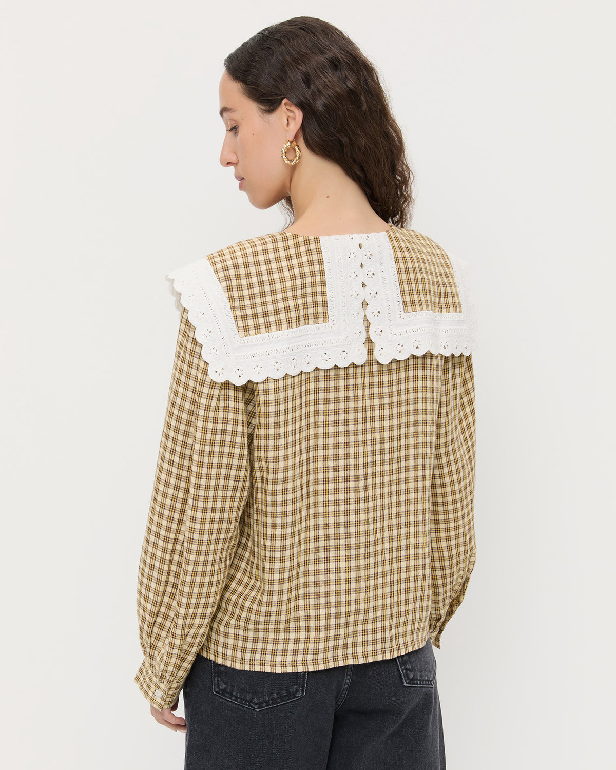 Ken Shirt in brown and butter plaid and Everett Denim Shorts in washed black denim.