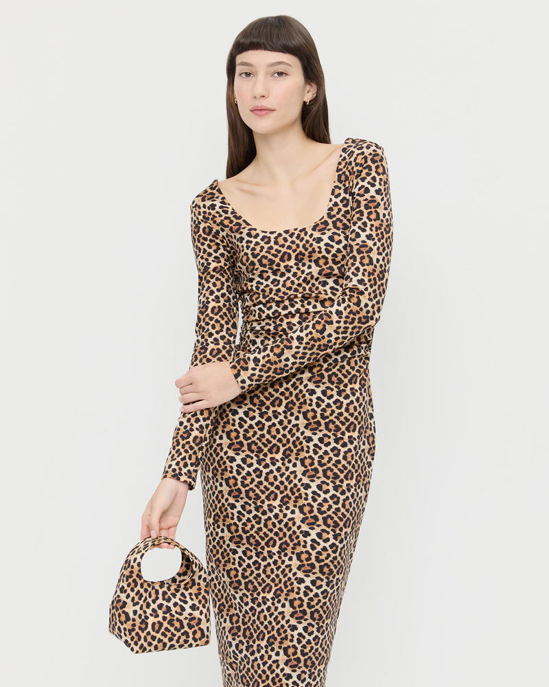Kenzie Leopard Jersey Mini Bag in leopard print jersey fabric and Inaya Dress in leopard print jersey fabric.