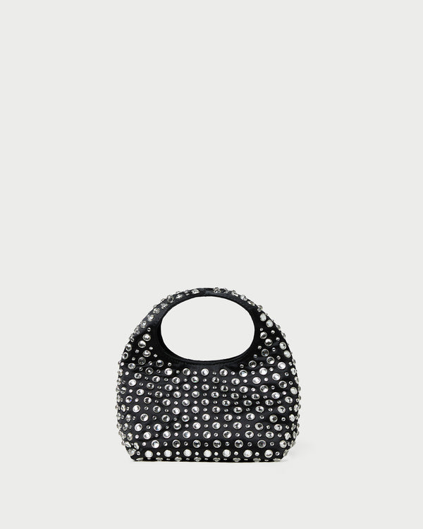 Kenzie Black/Crystal Mini Bag in black satin with crystal accents.