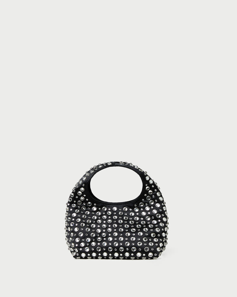 Kenzie Black/Crystal Mini Bag in black satin with crystal accents.