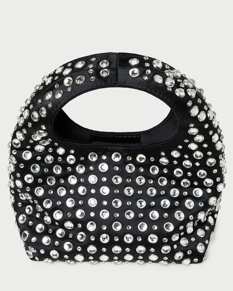 Kenzie Black/Crystal Mini Bag in black satin with crystal accents.