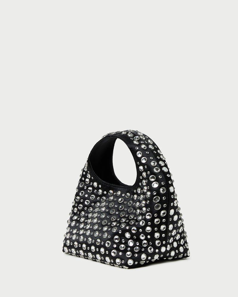 Kenzie Black/Crystal Mini Bag in black satin with crystal accents.