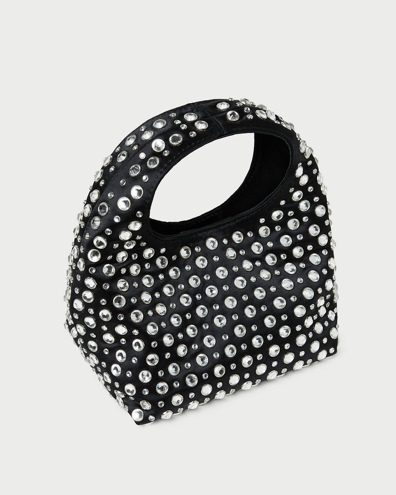 Kenzie Black/Crystal Mini Bag in black satin with crystal accents.