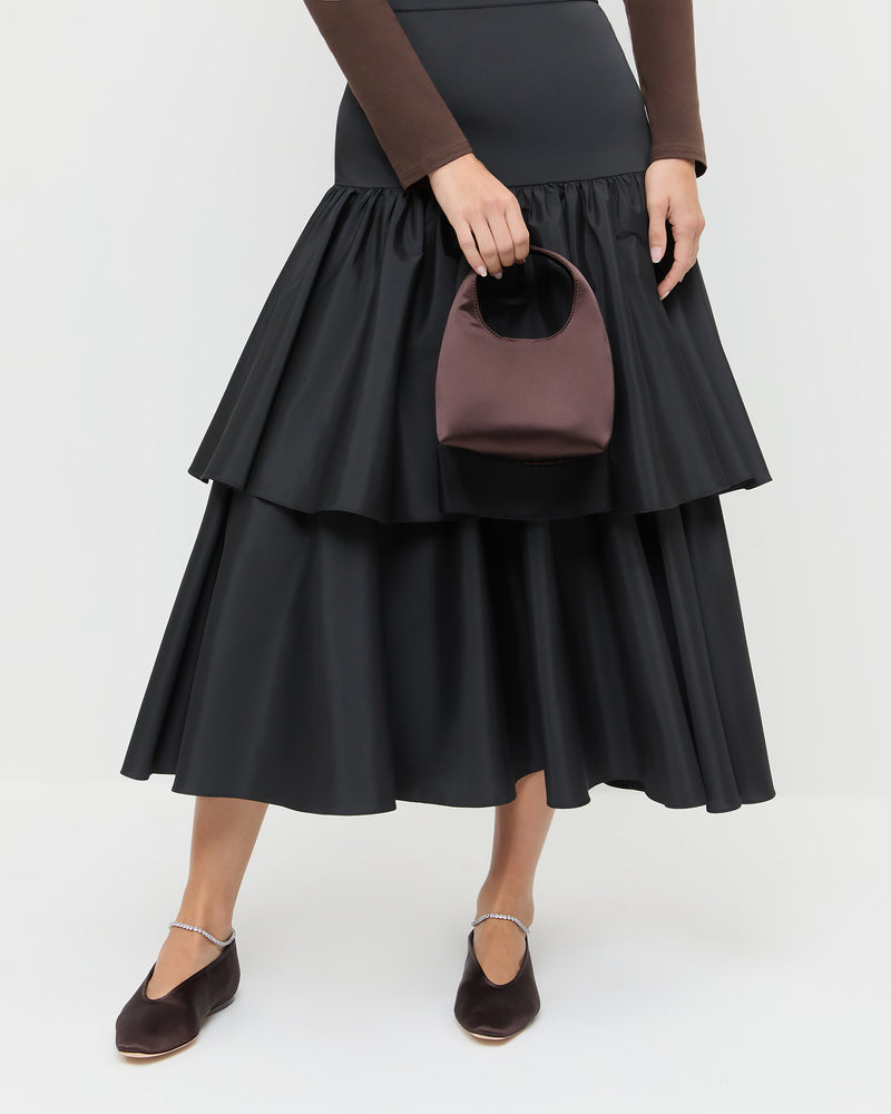 Kenzie Chocolate Satin Mini Bag in chocolate satin, Sora Skirt in black taffeta, and Emery Black/Crystal Ballet Flat.