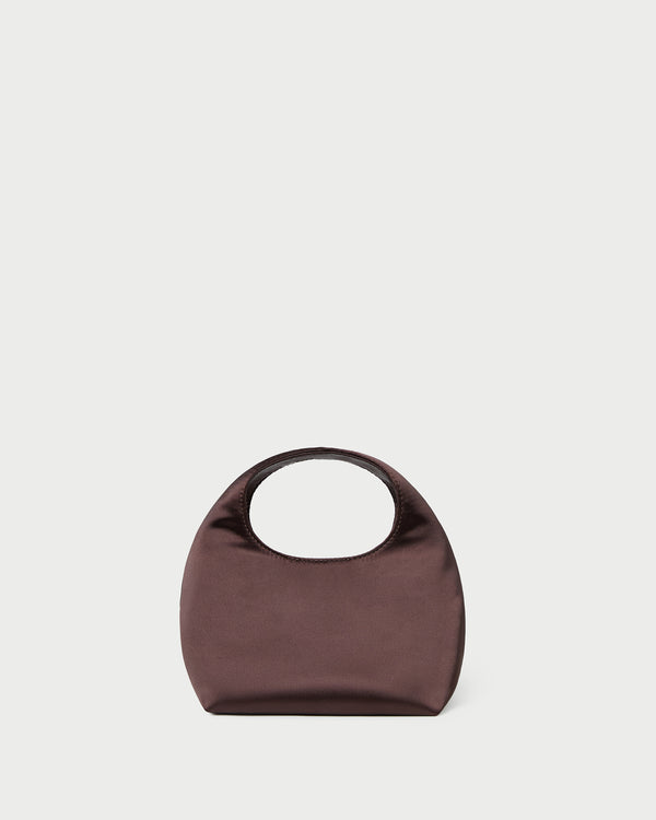 Kenzie Chocolate Satin Mini Bag in chocolate satin.