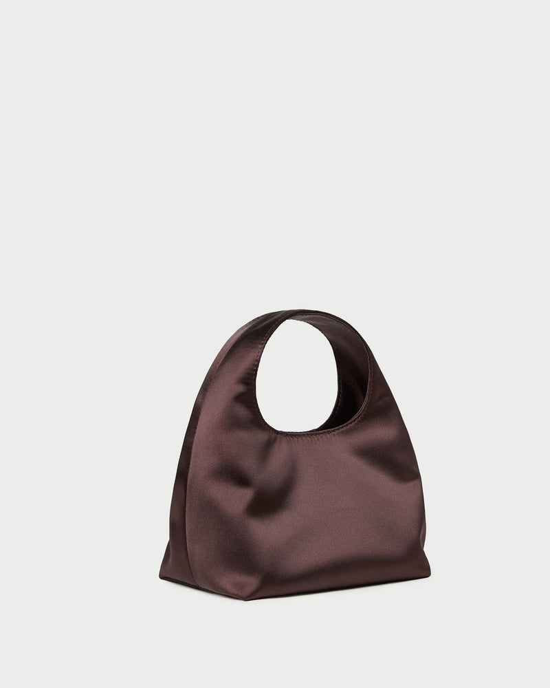 Kenzie Chocolate Satin Mini Bag in chocolate satin.