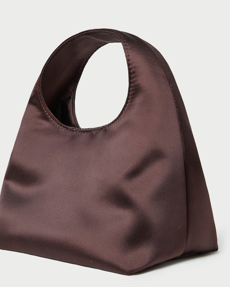 Kenzie Chocolate Satin Mini Bag in chocolate satin.