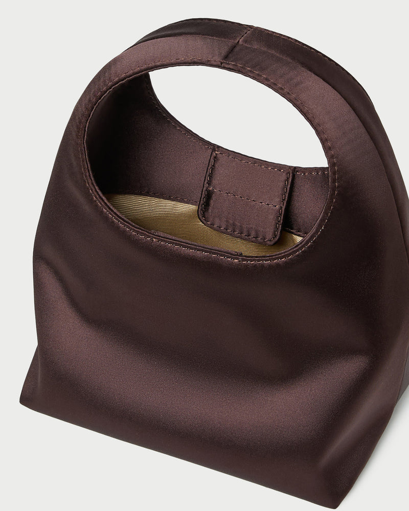 Kenzie Chocolate Satin Mini Bag in chocolate satin.