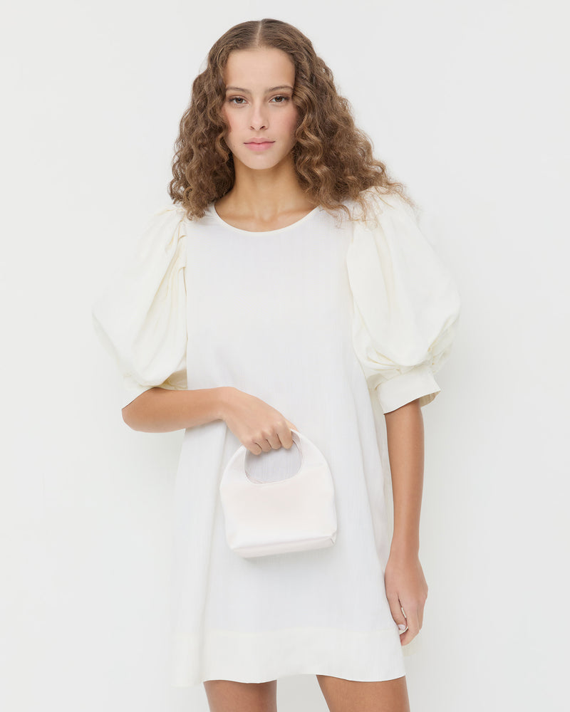 Kenzie Cream Satin Mini Bag in cream satin and Willy Mini Dress in cream moiré.