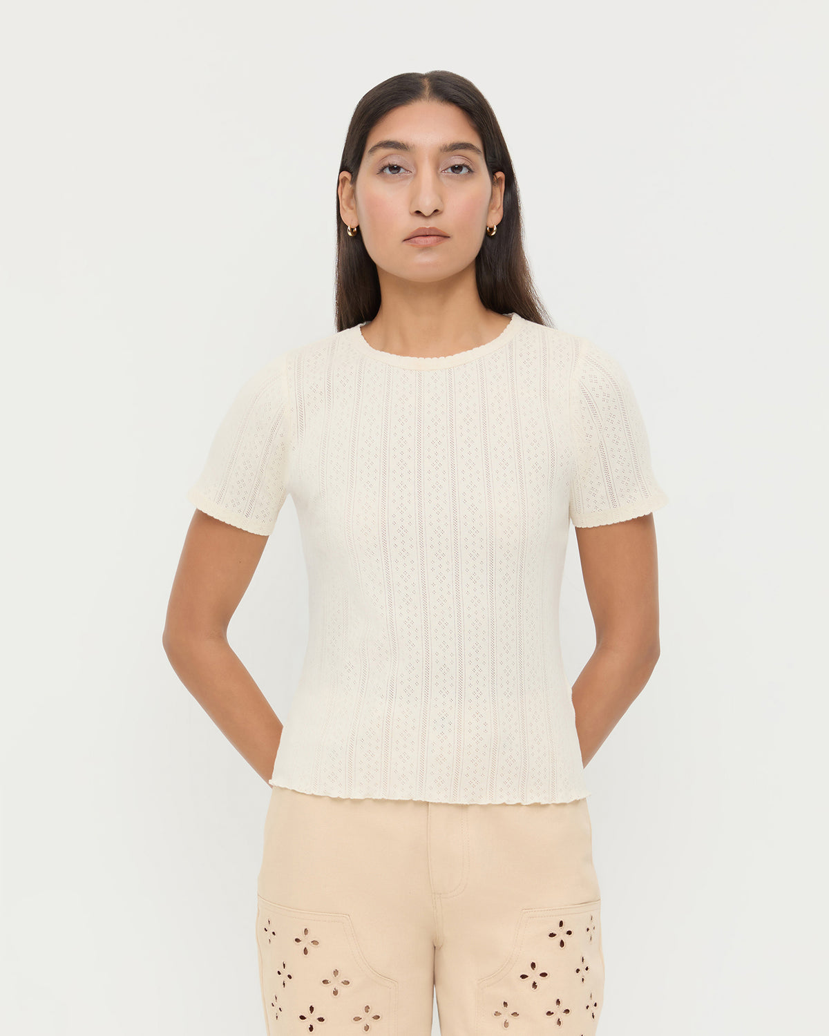Kerri Pointelle Tee in cream pointelle cotton and Demi Embroidered Pant in tan cotton.