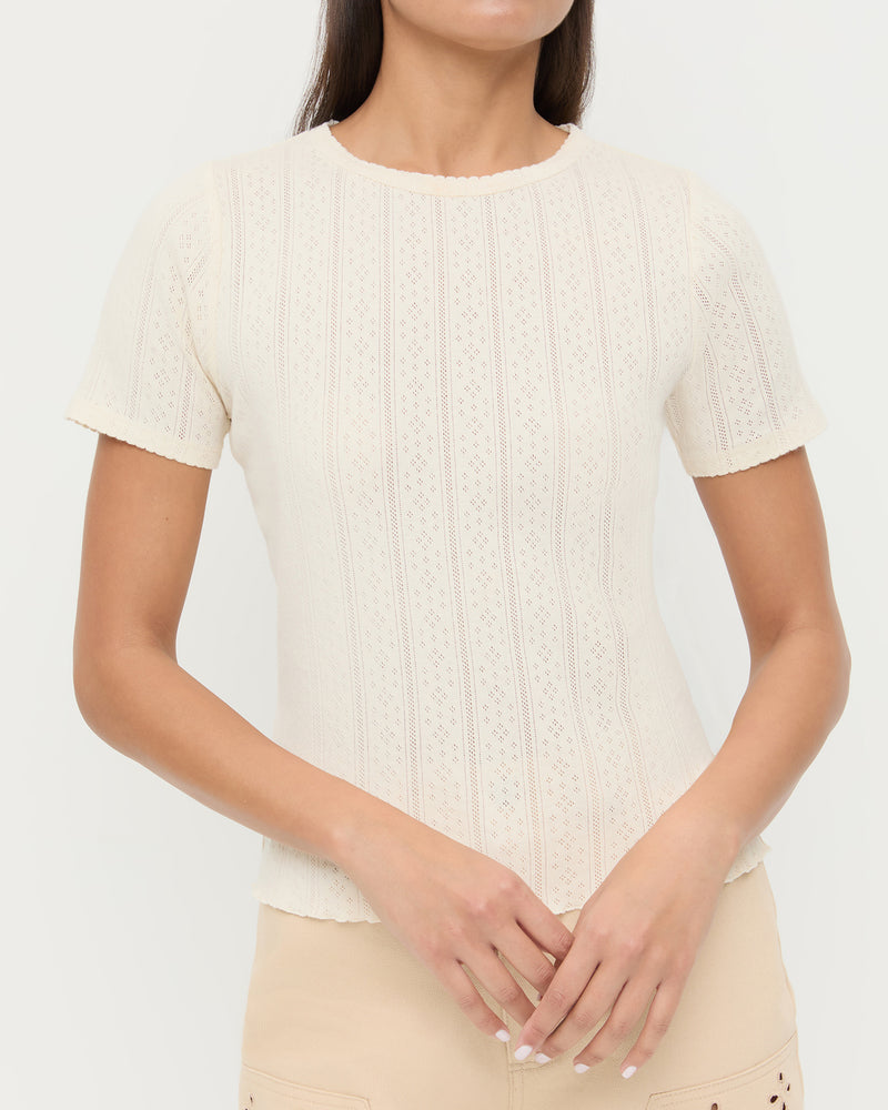 Kerri Pointelle Tee in cream pointelle cotton and Demi Embroidered Pant in tan cotton.