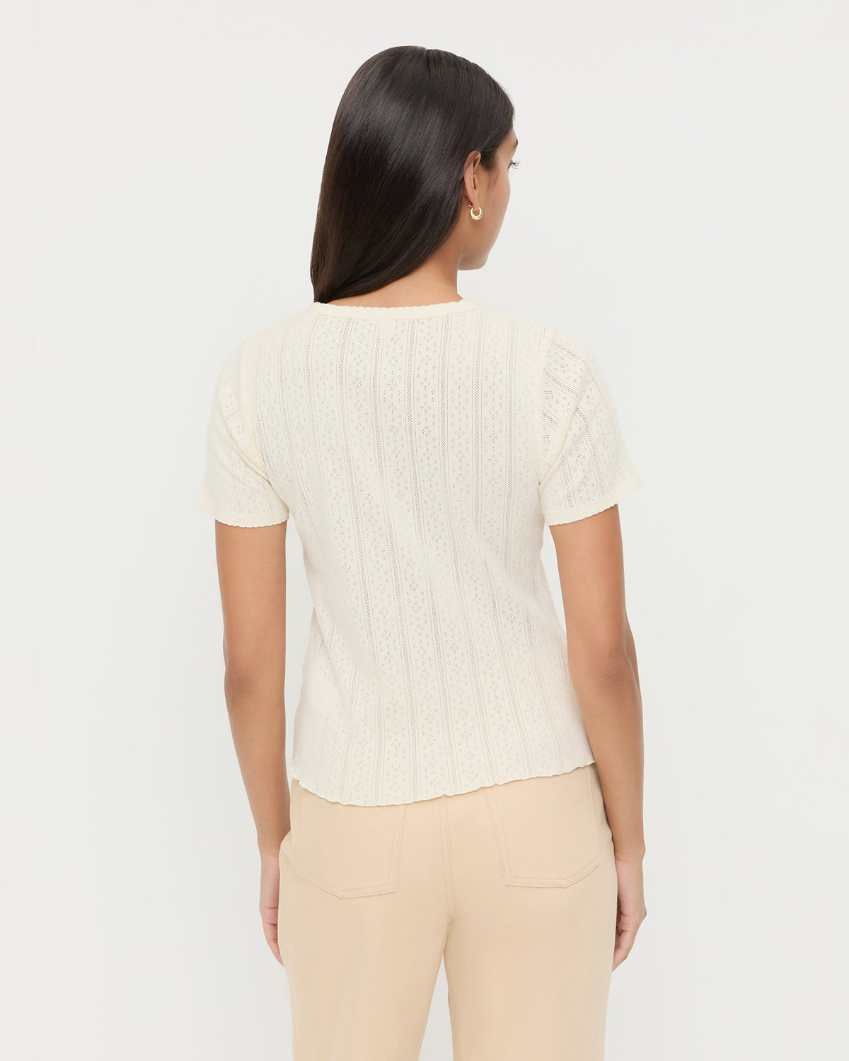 Kerri Pointelle Tee in cream pointelle cotton and Demi Embroidered Pant in tan cotton.